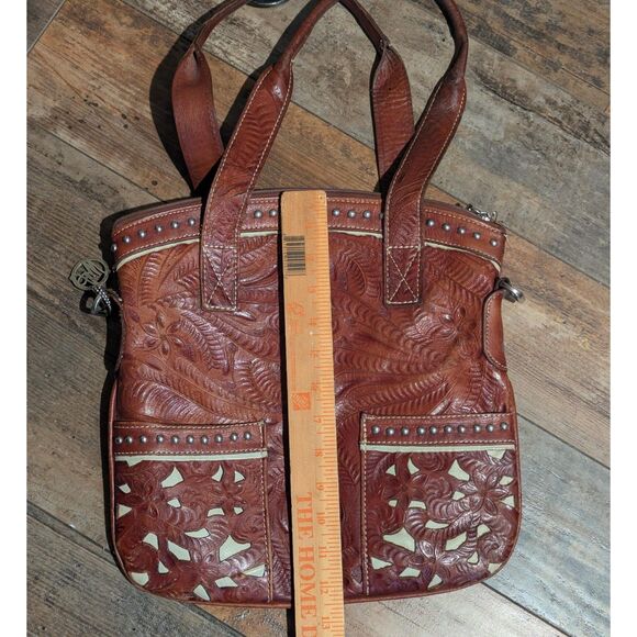 American West Tooled Leather Tote Bag - Floral Design - Brown with Silver Studs - Picture 3 of 6